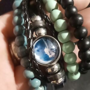 Button charm fairy genuine leather slide bracelet blue & teal wood bead bracelet